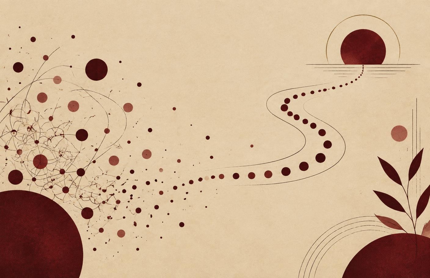 Scattered red dots forming a calmer path on a paper-toned background