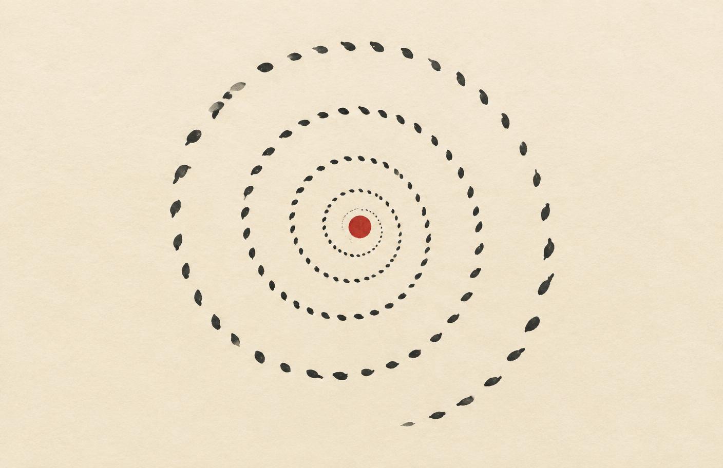 Concentric rings of small ink marks circling toward a single red dot on warm paper