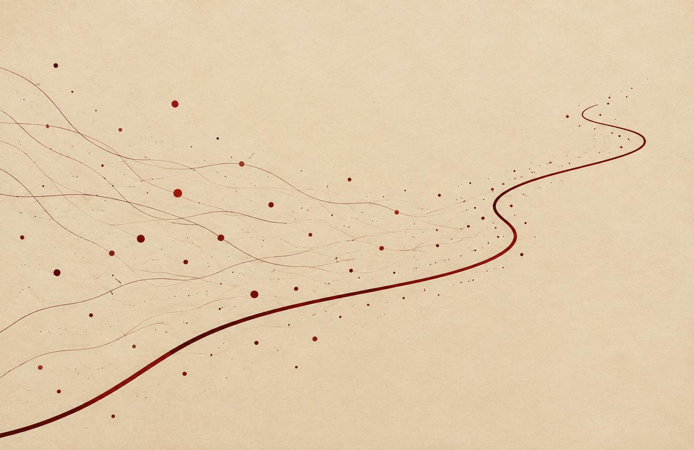 Thin ink lines and red dots drifting into one calm path on a warm paper background