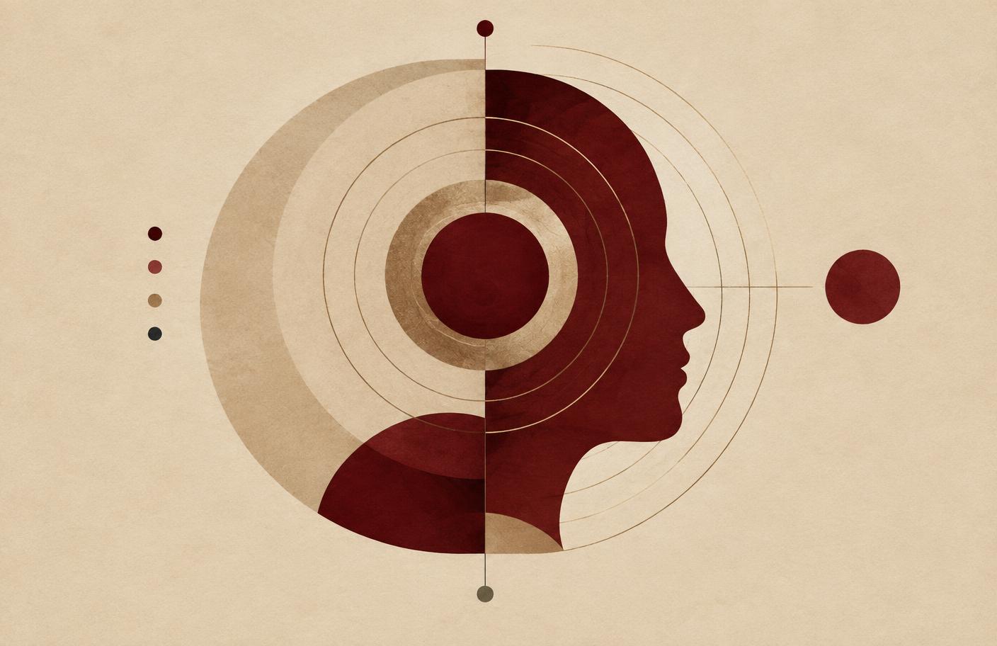 Abstract profile silhouette with concentric focus rings in deep red and warm paper tones
