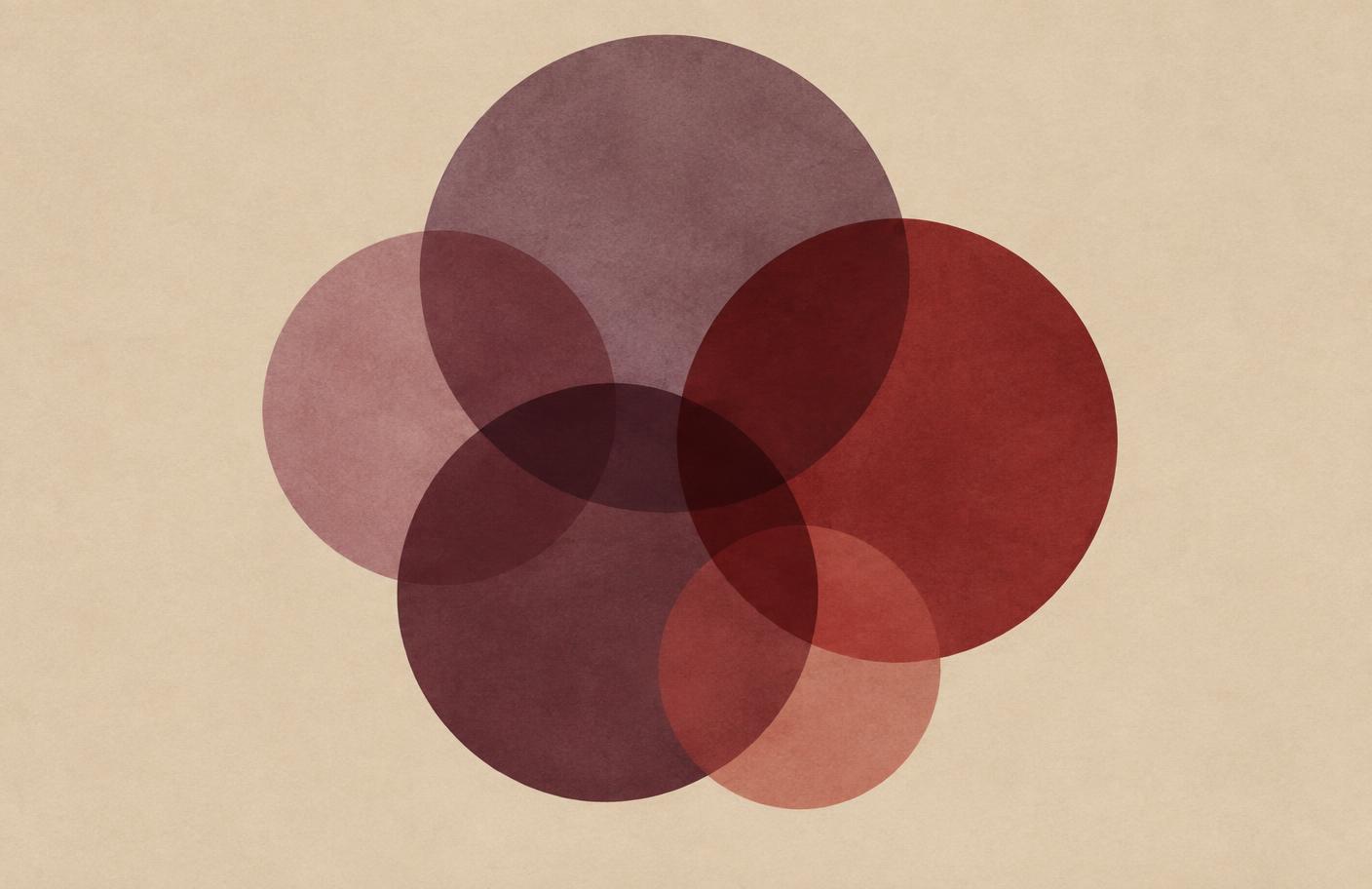 Overlapping translucent circles in deep red and muted plum tones on warm paper