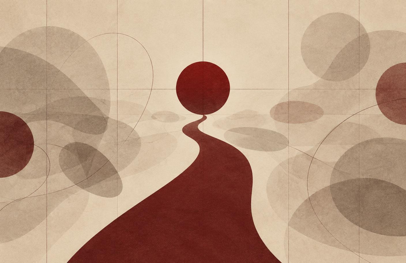 Abstract red path moving through muted shapes and grid lines