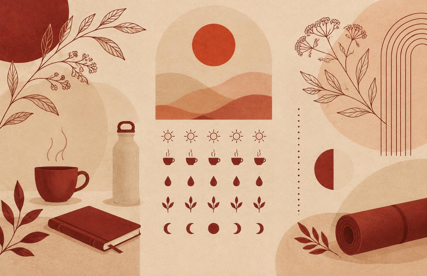 Warm editorial scene with repeated habit symbols and red botanical accents
