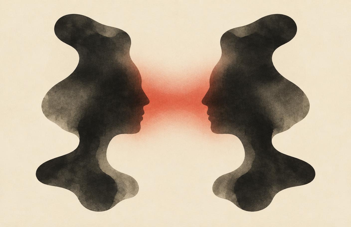Two mirrored ink silhouettes facing each other with a soft red bridge between them
