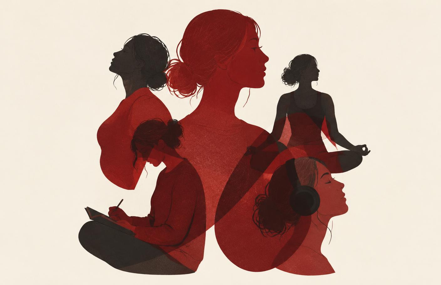 Overlapping silhouettes of the same figure in different poses, in deep red and ink tones