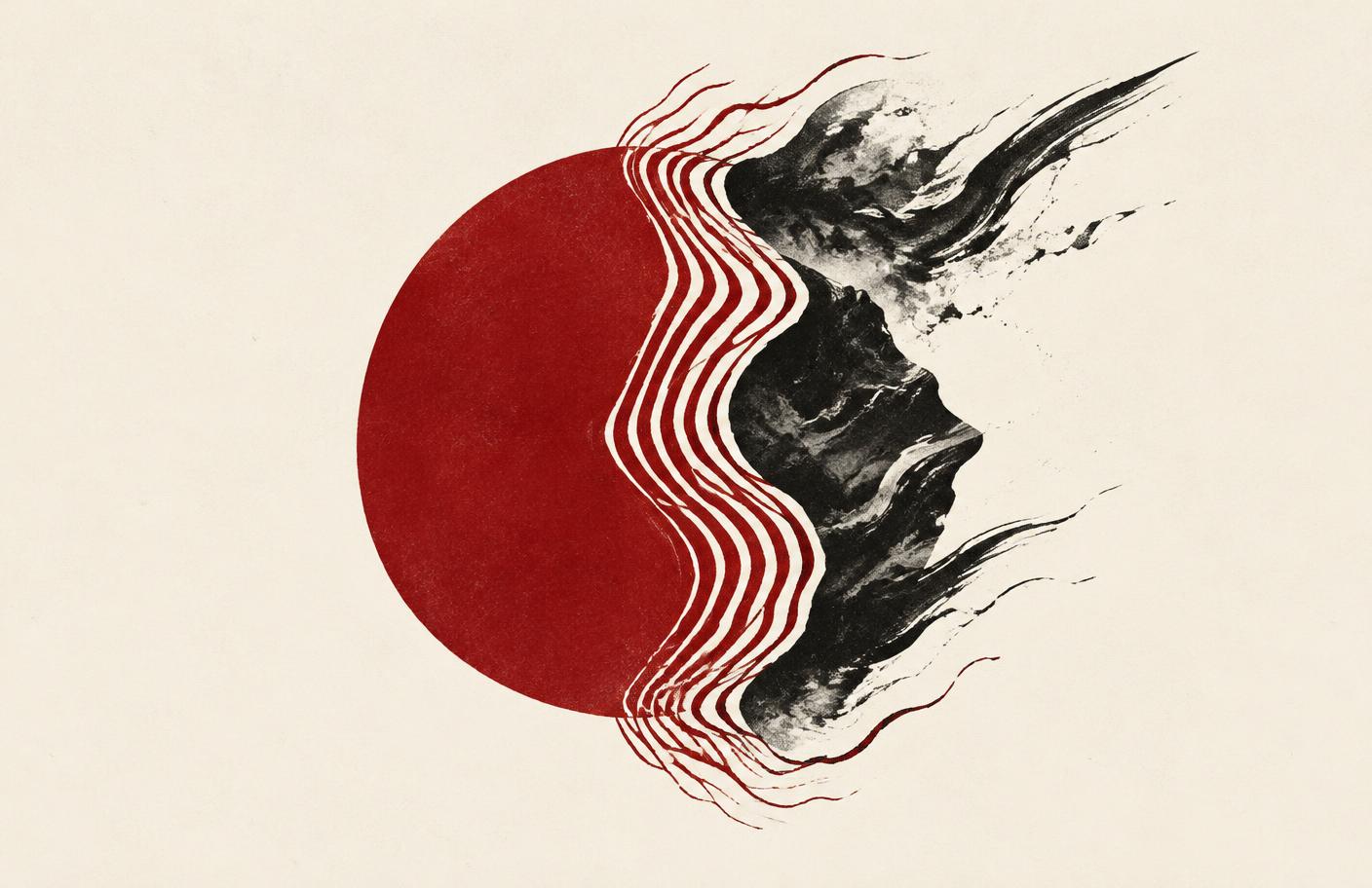 A calm red geometric form partially transformed by wavy ink pressure lines on warm paper