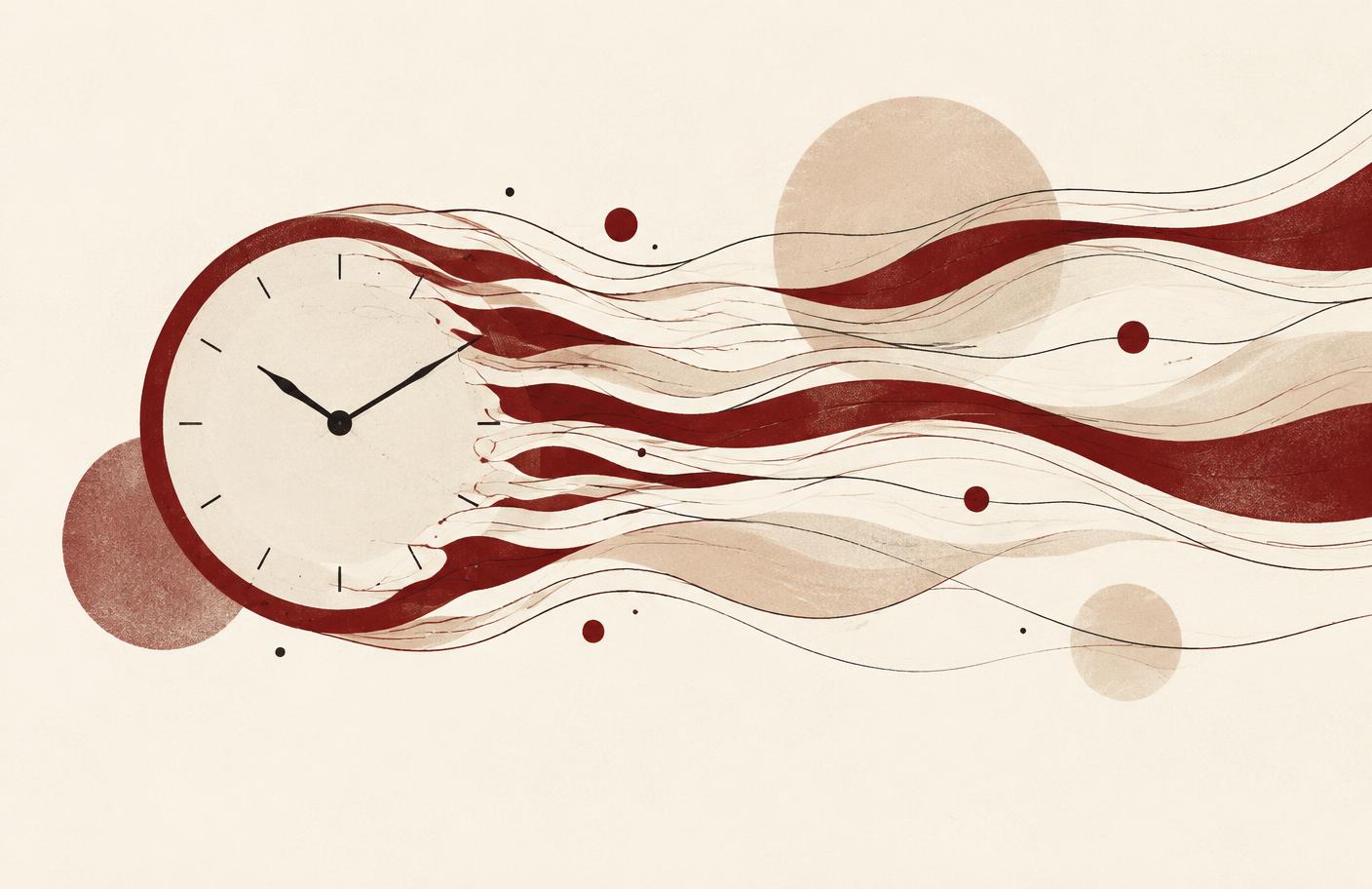 A clock dissolving into flowing red and ink streams of time on a warm paper background