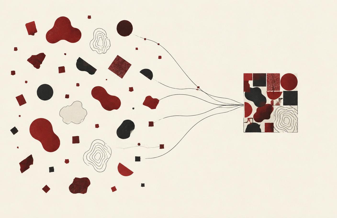 Scattered abstract shapes in red and ink converging into one organized square on warm paper